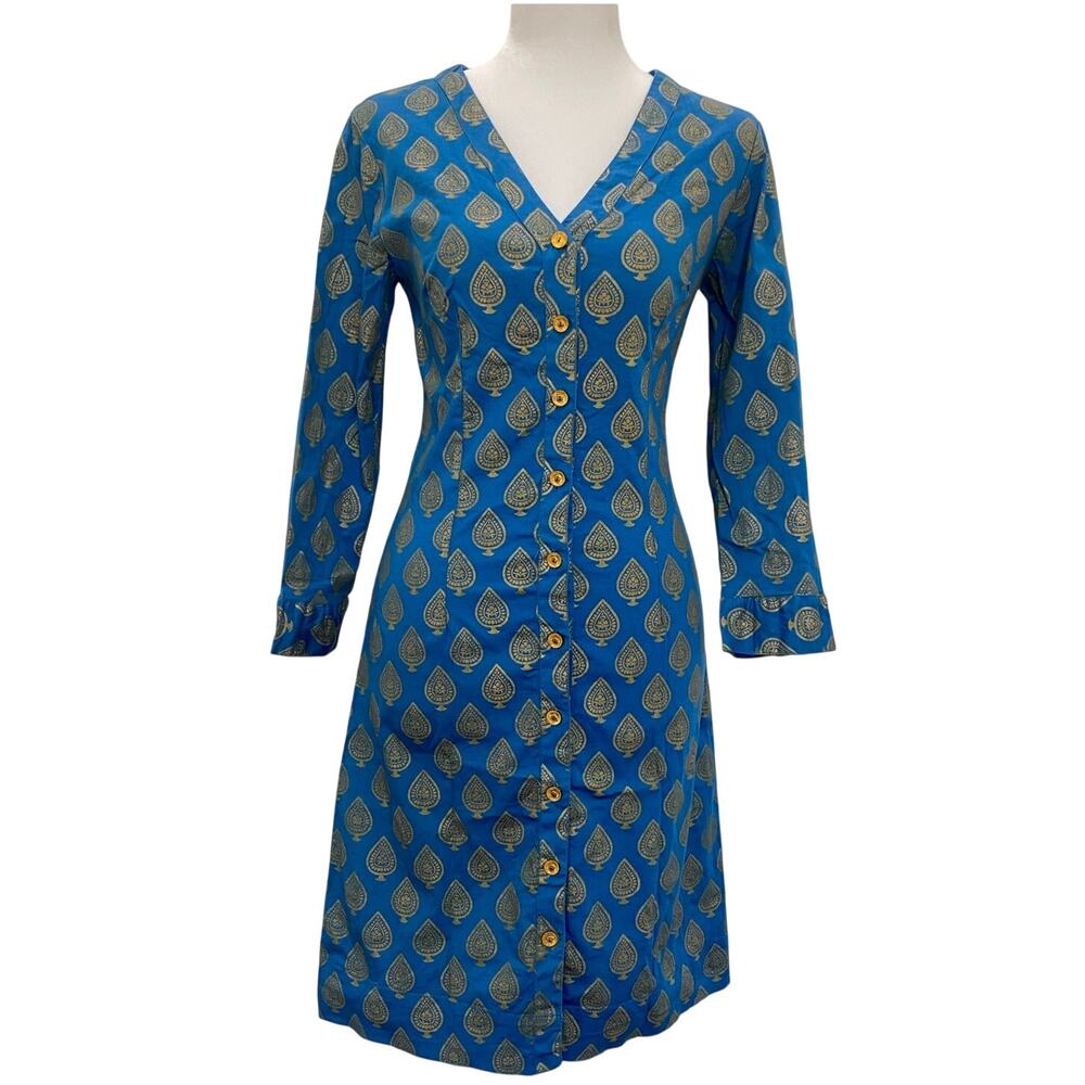 Almatrichi Madrid-Spain Dress Gold Zari Motif on Blue Size 36 US 4 NEW